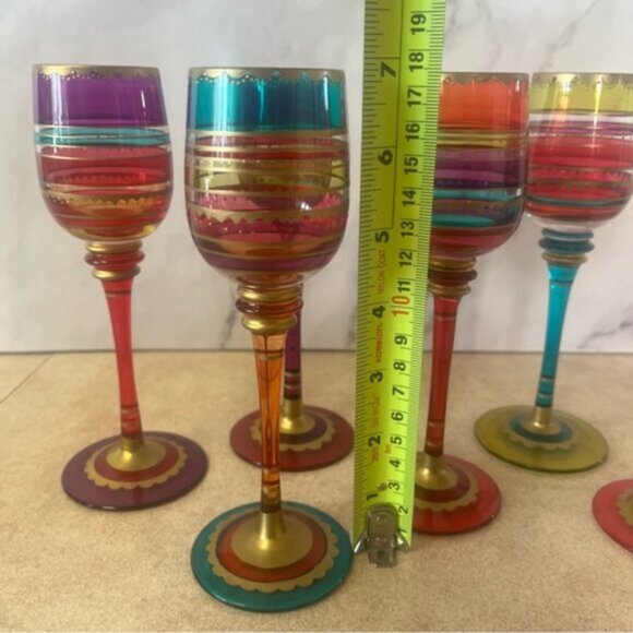 Pier 1 Multi-Color Hand Painted Jewel Toned Long Stem Glasses Set 6 - Picture 12 of 12
